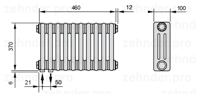 Схема (чертеж) Радиатор Zehnder Charleston 3037/10 №3370 Белый глянцевый RAL 9016